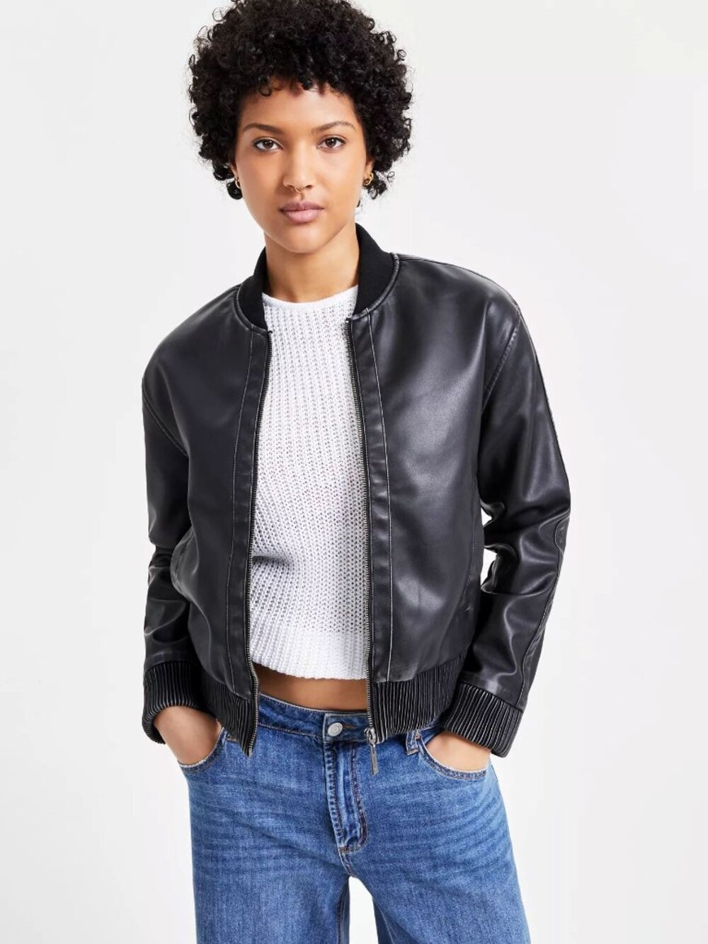 Jou Jou Juniors' Distressed Vegan-Leather Bomber Jacket Size Small